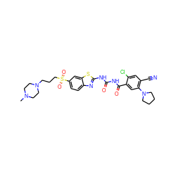 CN1CCN(CCCS(=O)(=O)c2ccc3nc(NC(=O)NC(=O)c4cc(N5CCCC5)c(C#N)cc4Cl)sc3c2)CC1 ZINC000299828193