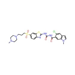 CN1CCN(CCCS(=O)(=O)c2ccc3nc(NC(=O)NC(=O)c4cc5c(ccn5C)cc4Cl)sc3c2)CC1 ZINC000299826559