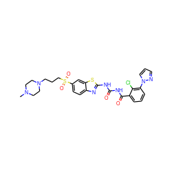 CN1CCN(CCCS(=O)(=O)c2ccc3nc(NC(=O)NC(=O)c4cccc(-n5cccn5)c4Cl)sc3c2)CC1 ZINC000117111383