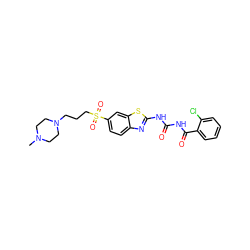 CN1CCN(CCCS(=O)(=O)c2ccc3nc(NC(=O)NC(=O)c4ccccc4Cl)sc3c2)CC1 ZINC000059255277