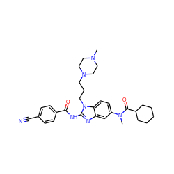 CN1CCN(CCCn2c(NC(=O)c3ccc(C#N)cc3)nc3cc(N(C)C(=O)C4CCCCC4)ccc32)CC1 ZINC000042891270