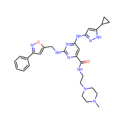 CN1CCN(CCNC(=O)c2cc(Nc3cc(C4CC4)[nH]n3)nc(NCc3cc(-c4ccccc4)no3)n2)CC1 ZINC000203004728