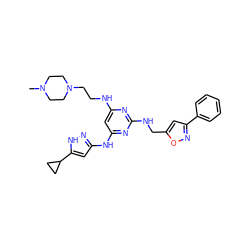 CN1CCN(CCNc2cc(Nc3cc(C4CC4)[nH]n3)nc(NCc3cc(-c4ccccc4)no3)n2)CC1 ZINC000203007809