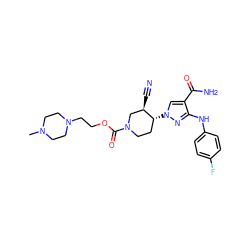 CN1CCN(CCOC(=O)N2CC[C@@H](n3cc(C(N)=O)c(Nc4ccc(F)cc4)n3)[C@H](C#N)C2)CC1 ZINC000221255798