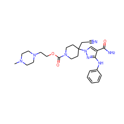 CN1CCN(CCOC(=O)N2CCC(CC#N)(n3cc(C(N)=O)c(Nc4ccccc4)n3)CC2)CC1 ZINC000222100778