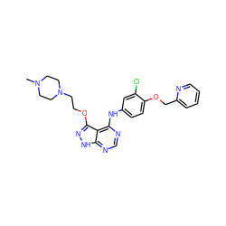 CN1CCN(CCOc2n[nH]c3ncnc(Nc4ccc(OCc5ccccn5)c(Cl)c4)c23)CC1 ZINC000029128813