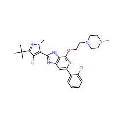 CN1CCN(CCOc2nc(-c3ccccc3Cl)cc3nc(-c4c(Cl)c(C(C)(C)C)nn4C)[nH]c23)CC1 ZINC000148249500