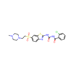 CN1CCN(CCS(=O)(=O)c2ccc3nc(NC(=O)NC(=O)c4ccccc4Cl)sc3c2)CC1 ZINC000059258869