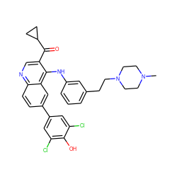 CN1CCN(CCc2cccc(Nc3c(C(=O)C4CC4)cnc4ccc(-c5cc(Cl)c(O)c(Cl)c5)cc34)c2)CC1 ZINC000114037816