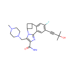 CN1CCN(Cc2c(C(N)=O)nc3n2C2CC(C2)c2cc(F)c(C#CC(C)(C)O)cc2-3)CC1 ZINC000219560563