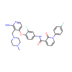 CN1CCN(Cc2c(Oc3ccc(NC(=O)c4cccn(-c5ccc(F)cc5)c4=O)cc3F)ccnc2N)CC1 ZINC000042875994