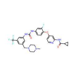 CN1CCN(Cc2cc(NC(=O)Nc3ccc(Oc4ccnc(NC(=O)C5CC5)c4)c(F)c3)cc(C(F)(F)F)c2)CC1 ZINC001772657918