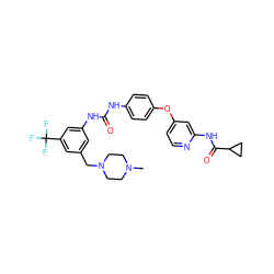 CN1CCN(Cc2cc(NC(=O)Nc3ccc(Oc4ccnc(NC(=O)C5CC5)c4)cc3)cc(C(F)(F)F)c2)CC1 ZINC001772600700