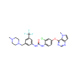 CN1CCN(Cc2cc(NC(=O)Nc3ccc(Oc4ncnc5ccn(C)c45)cc3Cl)cc(C(F)(F)F)c2)CC1 ZINC000064437127