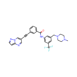 CN1CCN(Cc2cc(NC(=O)c3cccc(C#Cc4cnc5ccnn5c4)c3)cc(C(F)(F)F)c2)CC1 ZINC000095591621