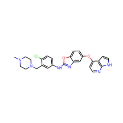 CN1CCN(Cc2cc(Nc3nc4cc(Oc5ccnc6[nH]ccc56)ccc4o3)ccc2Cl)CC1 ZINC000023359492