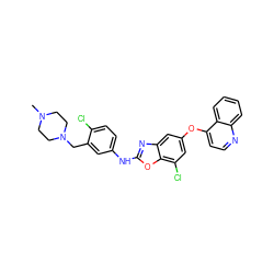 CN1CCN(Cc2cc(Nc3nc4cc(Oc5ccnc6ccccc56)cc(Cl)c4o3)ccc2Cl)CC1 ZINC000023359498