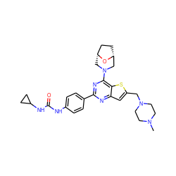 CN1CCN(Cc2cc3nc(-c4ccc(NC(=O)NC5CC5)cc4)nc(N4C[C@@H]5CC[C@H](C4)O5)c3s2)CC1 ZINC000045367413