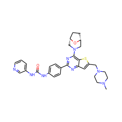 CN1CCN(Cc2cc3nc(-c4ccc(NC(=O)Nc5cccnc5)cc4)nc(N4C[C@@H]5CC[C@H](C4)O5)c3s2)CC1 ZINC000049756593