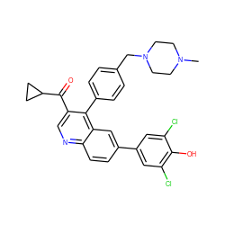 CN1CCN(Cc2ccc(-c3c(C(=O)C4CC4)cnc4ccc(-c5cc(Cl)c(O)c(Cl)c5)cc34)cc2)CC1 ZINC000203985297