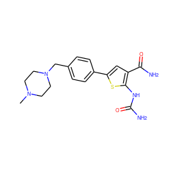 CN1CCN(Cc2ccc(-c3cc(C(N)=O)c(NC(N)=O)s3)cc2)CC1 ZINC000040865667