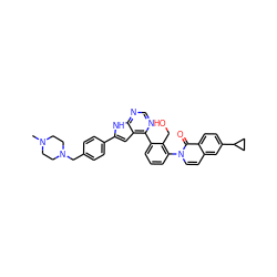 CN1CCN(Cc2ccc(-c3cc4c(-c5cccc(-n6ccc7cc(C8CC8)ccc7c6=O)c5CO)ncnc4[nH]3)cc2)CC1 ZINC000205675991