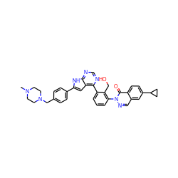 CN1CCN(Cc2ccc(-c3cc4c(-c5cccc(-n6ncc7cc(C8CC8)ccc7c6=O)c5CO)ncnc4[nH]3)cc2)CC1 ZINC000148719420