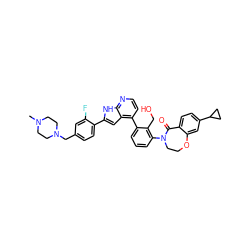 CN1CCN(Cc2ccc(-c3cc4c(-c5cccc(N6CCOc7cc(C8CC8)ccc7C6=O)c5CO)ccnc4[nH]3)c(F)c2)CC1 ZINC000148764142