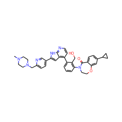 CN1CCN(Cc2ccc(-c3cc4c(-c5cccc(N6CCOc7cc(C8CC8)ccc7C6=O)c5CO)ccnc4[nH]3)cn2)CC1 ZINC000148762635