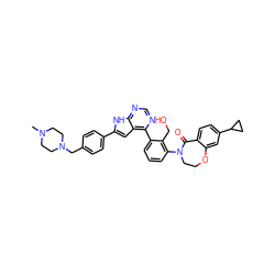 CN1CCN(Cc2ccc(-c3cc4c(-c5cccc(N6CCOc7cc(C8CC8)ccc7C6=O)c5CO)ncnc4[nH]3)cc2)CC1 ZINC000205662904