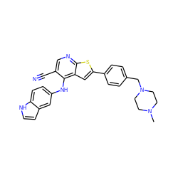 CN1CCN(Cc2ccc(-c3cc4c(Nc5ccc6[nH]ccc6c5)c(C#N)cnc4s3)cc2)CC1 ZINC000029046570