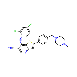 CN1CCN(Cc2ccc(-c3cc4ncc(C#N)c(Nc5ccc(Cl)cc5Cl)c4s3)cc2)CC1 ZINC000022932285