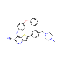 CN1CCN(Cc2ccc(-c3cc4ncc(C#N)c(Nc5ccc(Oc6ccccc6)cc5)c4s3)cc2)CC1 ZINC000023357850