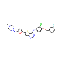 CN1CCN(Cc2ccc(-c3cc4ncnc(Nc5ccc(OCc6cccc(F)c6)c(Cl)c5)c4s3)o2)CC1 ZINC000044418656