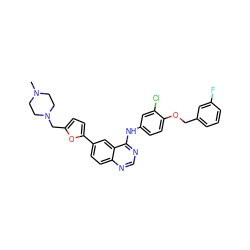 CN1CCN(Cc2ccc(-c3ccc4ncnc(Nc5ccc(OCc6cccc(F)c6)c(Cl)c5)c4c3)o2)CC1 ZINC000096937288