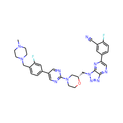 CN1CCN(Cc2ccc(-c3cnc(N4CCO[C@@H](Cn5nnc6ncc(-c7ccc(F)c(C#N)c7)nc65)C4)nc3)cc2F)CC1 ZINC000210749754