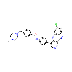 CN1CCN(Cc2ccc(C(=O)Nc3ccc(-c4cncc(C#N)c4Nc4ccc(F)c(Cl)c4)cc3)cc2)CC1 ZINC000096928300