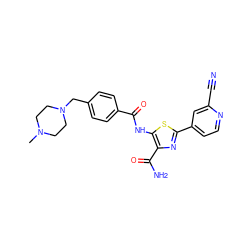 CN1CCN(Cc2ccc(C(=O)Nc3sc(-c4ccnc(C#N)c4)nc3C(N)=O)cc2)CC1 ZINC000149905651