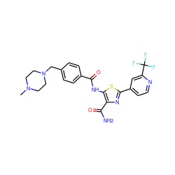 CN1CCN(Cc2ccc(C(=O)Nc3sc(-c4ccnc(C(F)(F)F)c4)nc3C(N)=O)cc2)CC1 ZINC000149925704