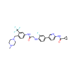 CN1CCN(Cc2ccc(NC(=O)CNc3ccc(-c4ccc(NC(=O)C5CC5)nc4)cc3F)cc2C(F)(F)F)CC1 ZINC000148145427