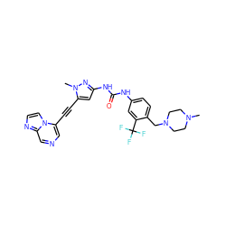 CN1CCN(Cc2ccc(NC(=O)Nc3cc(C#Cc4cncc5nccn45)n(C)n3)cc2C(F)(F)F)CC1 ZINC000095582600