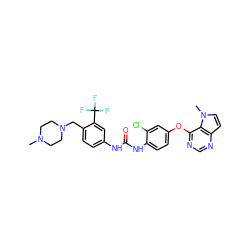 CN1CCN(Cc2ccc(NC(=O)Nc3ccc(Oc4ncnc5ccn(C)c45)cc3Cl)cc2C(F)(F)F)CC1 ZINC000064417006