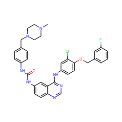 CN1CCN(Cc2ccc(NC(=O)Nc3ccc4ncnc(Nc5ccc(OCc6cccc(F)c6)c(Cl)c5)c4c3)cc2)CC1 ZINC000653786110