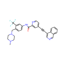 CN1CCN(Cc2ccc(NC(=O)c3cc(C#Cc4cncc5ccccc45)ccn3)cc2C(F)(F)F)CC1 ZINC000222187963