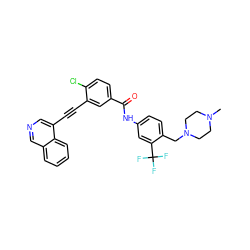 CN1CCN(Cc2ccc(NC(=O)c3ccc(Cl)c(C#Cc4cncc5ccccc45)c3)cc2C(F)(F)F)CC1 ZINC000222187797