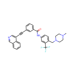 CN1CCN(Cc2ccc(NC(=O)c3cccc(C#Cc4cncc5ccccc45)c3)cc2C(F)(F)F)CC1 ZINC000222175813