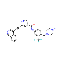 CN1CCN(Cc2ccc(NC(=O)c3ccnc(C#Cc4cncc5ccccc45)c3)cc2C(F)(F)F)CC1 ZINC000222192644