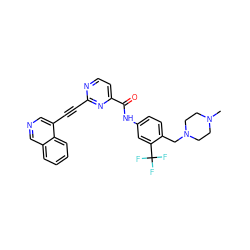 CN1CCN(Cc2ccc(NC(=O)c3ccnc(C#Cc4cncc5ccccc45)n3)cc2C(F)(F)F)CC1 ZINC000222192478