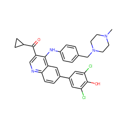 CN1CCN(Cc2ccc(Nc3c(C(=O)C4CC4)cnc4ccc(-c5cc(Cl)c(O)c(Cl)c5)cc34)cc2)CC1 ZINC000114039890