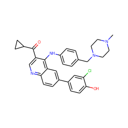 CN1CCN(Cc2ccc(Nc3c(C(=O)C4CC4)cnc4ccc(-c5ccc(O)c(Cl)c5)cc34)cc2)CC1 ZINC000114038874